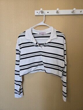 Cropped Long Sleeve Polo with Navy and Gray Stripes